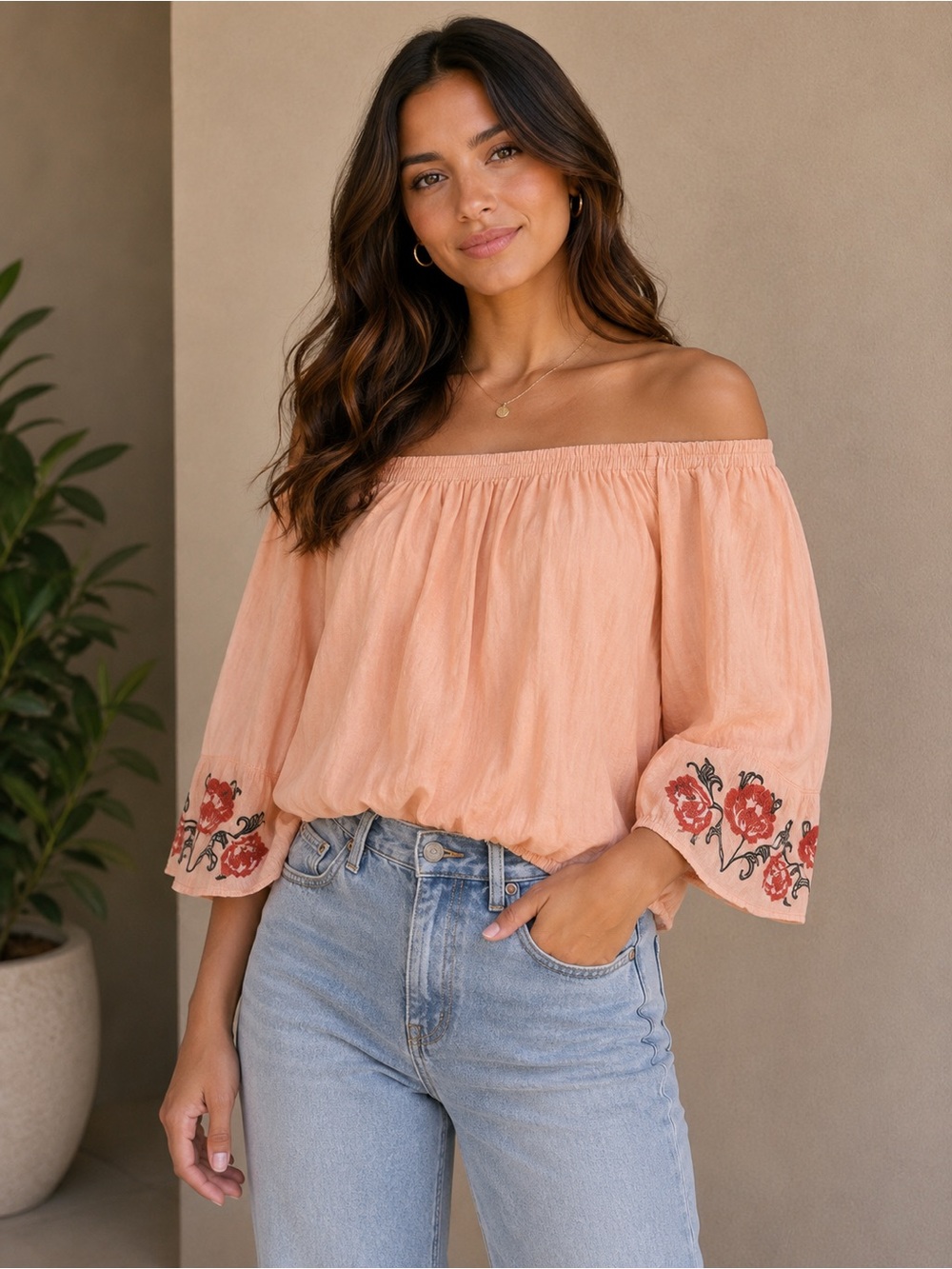 Jessica Simpson Off Shoulder Embroidered Peasant Top Blush Pink Size Medium